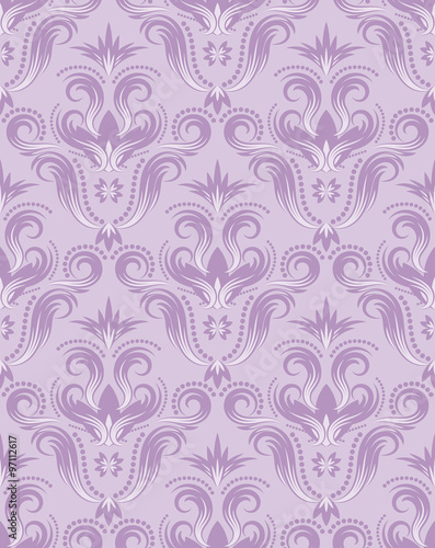 Damask seamless pattern repeating background. Purple floral ornament in baroque style.