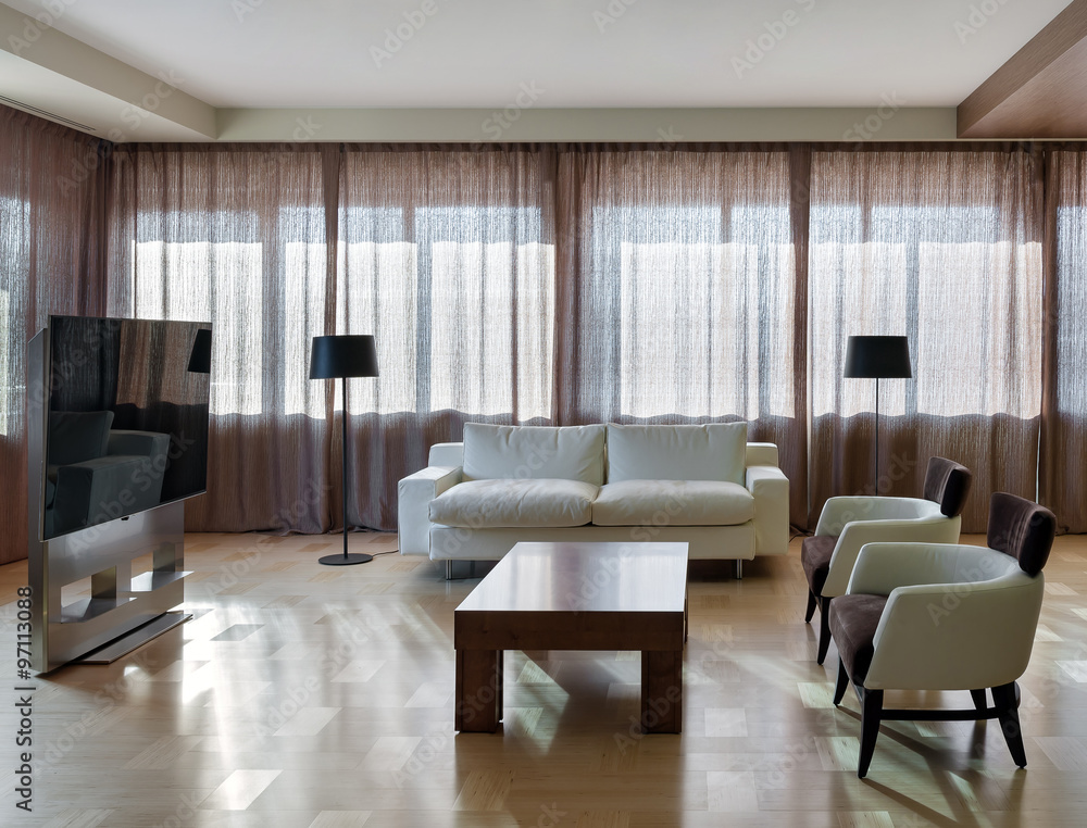 Fototapeta premium Home modern theater interior with big windows