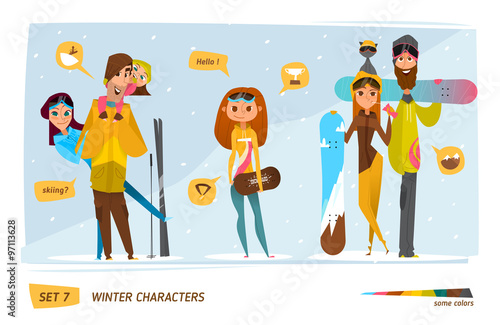 Winter characters with snowboard set