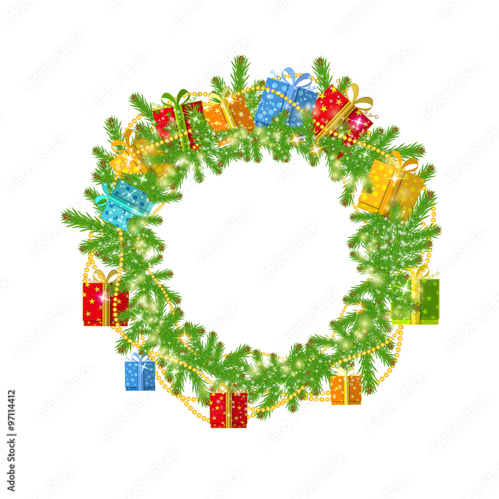 christmas wreath with fir present boxes and bead on white background christmas wreath with fir present boxes and bead on white background