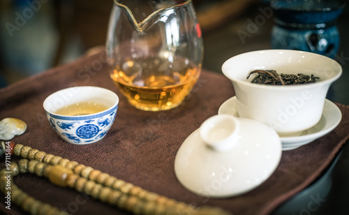 A cup of whole leaf lapsang souchong tea, a rich smoky flavored tea