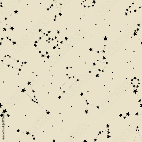 Stars, zodiac signs with names in night sky