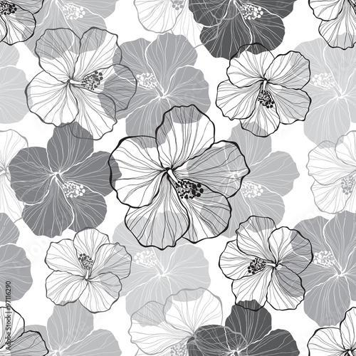 Monochrome seamless pattern with hibiscus flowers.