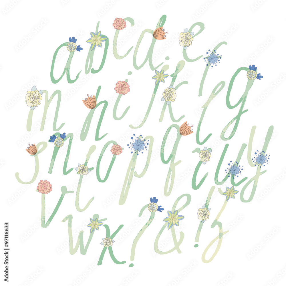 Handdrawn watercolor alphabet with flowers