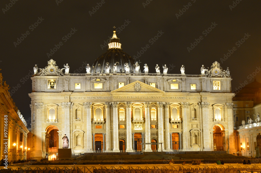 Basilica of St Peter in Vatican, Rome - Italy, at night.