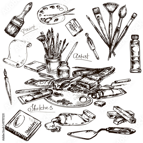 hand drawn set brushes and art object