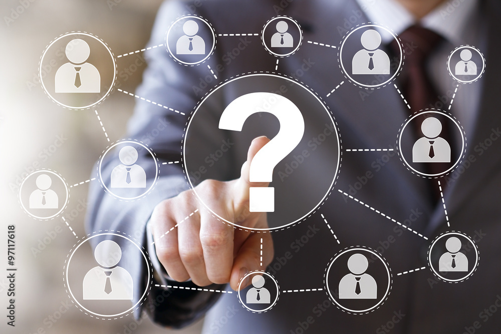 Businessman touch button question interface web Businessman touch button question interface web