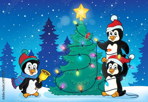 Penguins near Christmas tree theme 4 © Klara Viskova