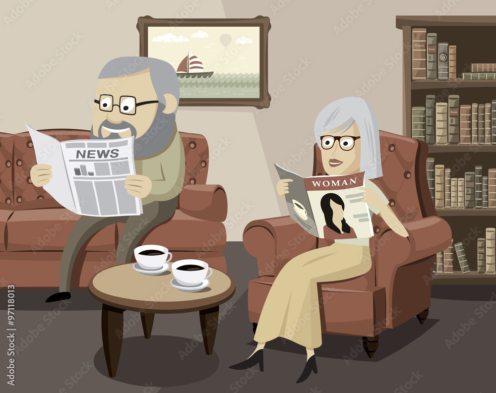 Husbands and their family life. Happy man and woman on the sofa in the living room. Simple cartoon vector illustration.