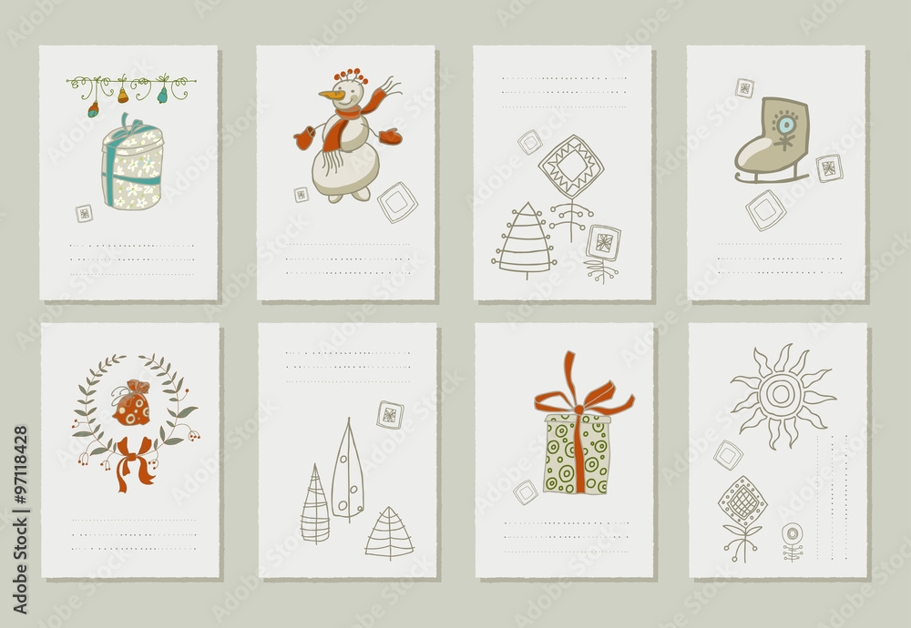 Hand drawn collection of romantic invitations to Christmas and New Year.   8 gentle cards.