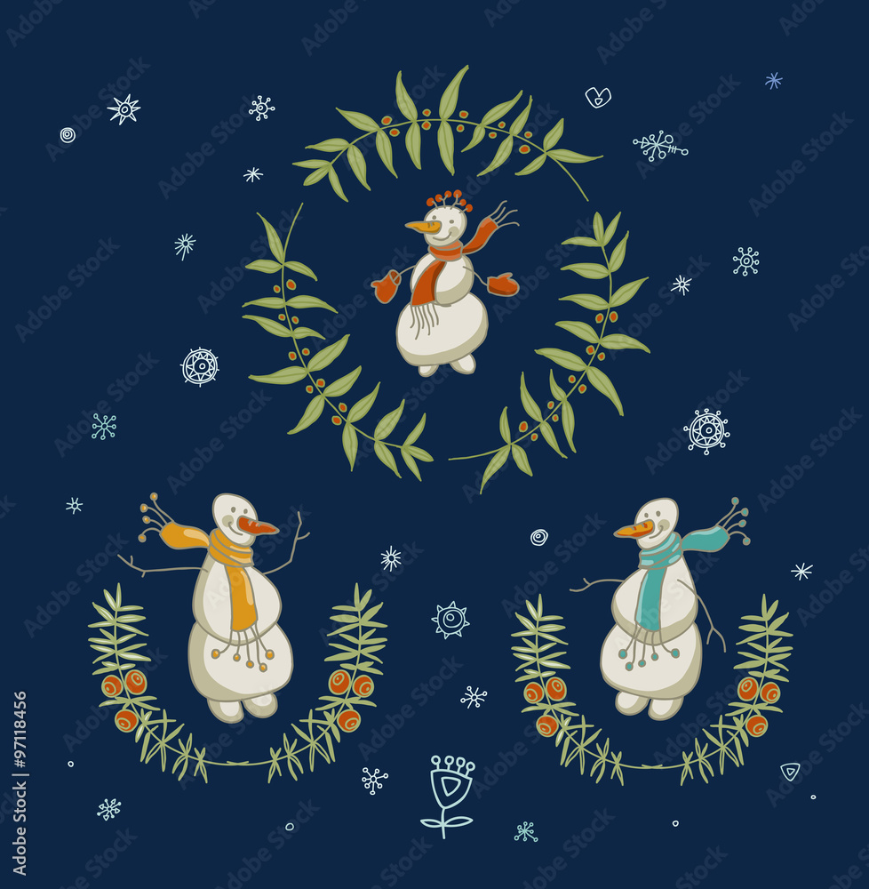 Obraz premium Christmas wreaths set with snowman and New Year graphic elements, holiday symbols
