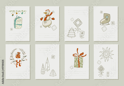 Hand drawn collection of romantic invitations to Christmas and New Year. 8 gentle cards.