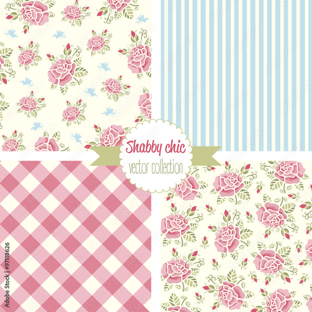 Shabby Chic Rose Patterns. Set seamless pattern. Vintage floral pattern, backgrounds. Vector illustration