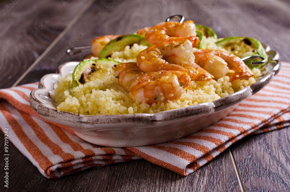 Fried shrimp on skewers