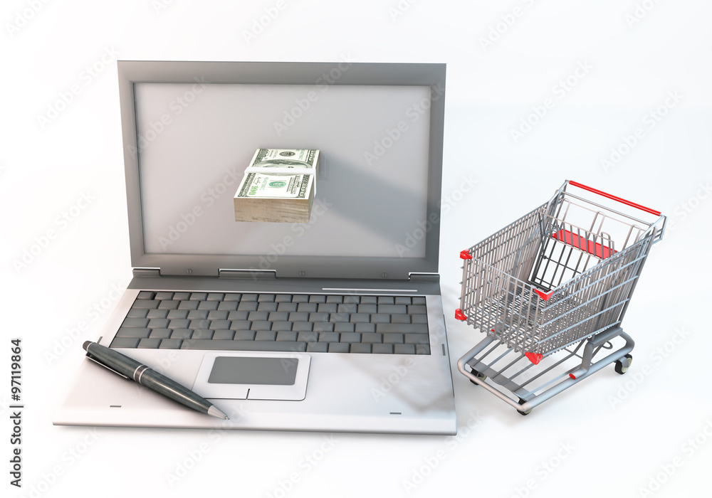 3D Graphic computer and 100 dollar bills protrude with near shopping cart. Rendered at high resolution on a white background
