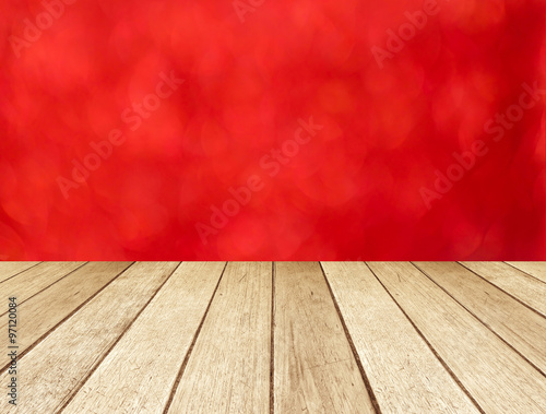 Perspective wood and blurred red abstract background  christmas