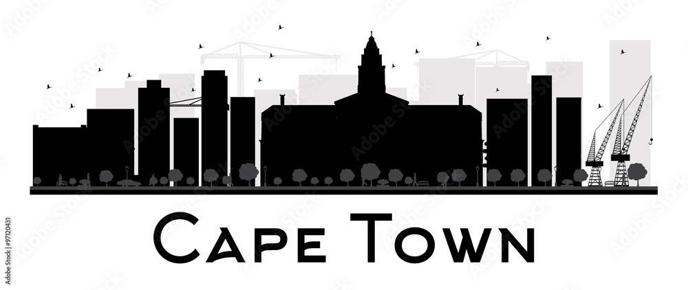 Cape Town City skyline black and white silhouette. Some elements have transparency mode different from normal