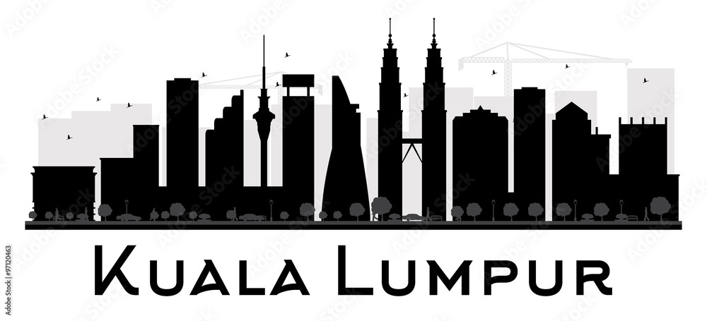 Kuala Lumpur City skyline black and white silhouette. Some elements have transparency mode different from normal