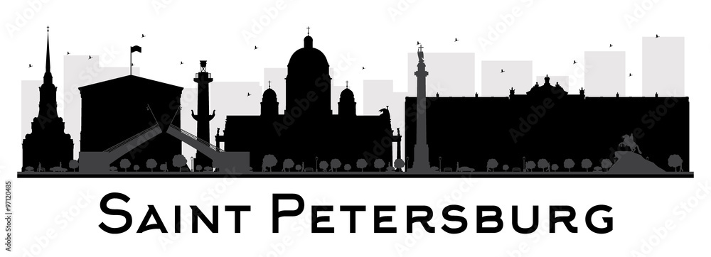 Obraz premium Saint Petersburg City skyline black and white silhouette. Some elements have transparency mode different from normal