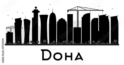 Doha City skyline black and white silhouette. Some elements have transparency mode different from normal