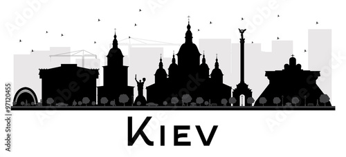 Kiev City skyline black and white silhouette. Some elements have transparency mode different from normal
