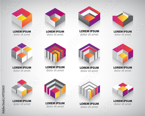 Vector set of colorful geometric 3d cube constructions, abstract logos