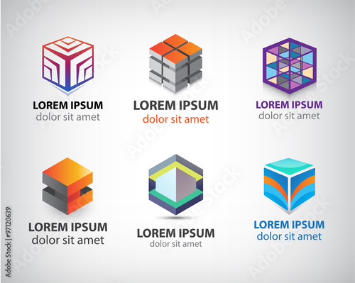 Vector set of colorful geometric 3d cube constructions, abstract logos