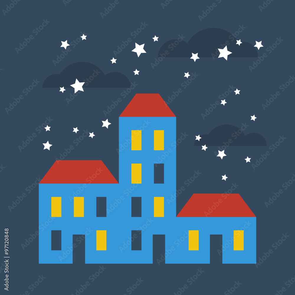 A row of terraced houses at starry night