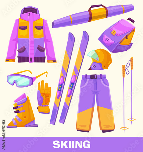Vector skiing elements, clothes and tools  isolated on white background