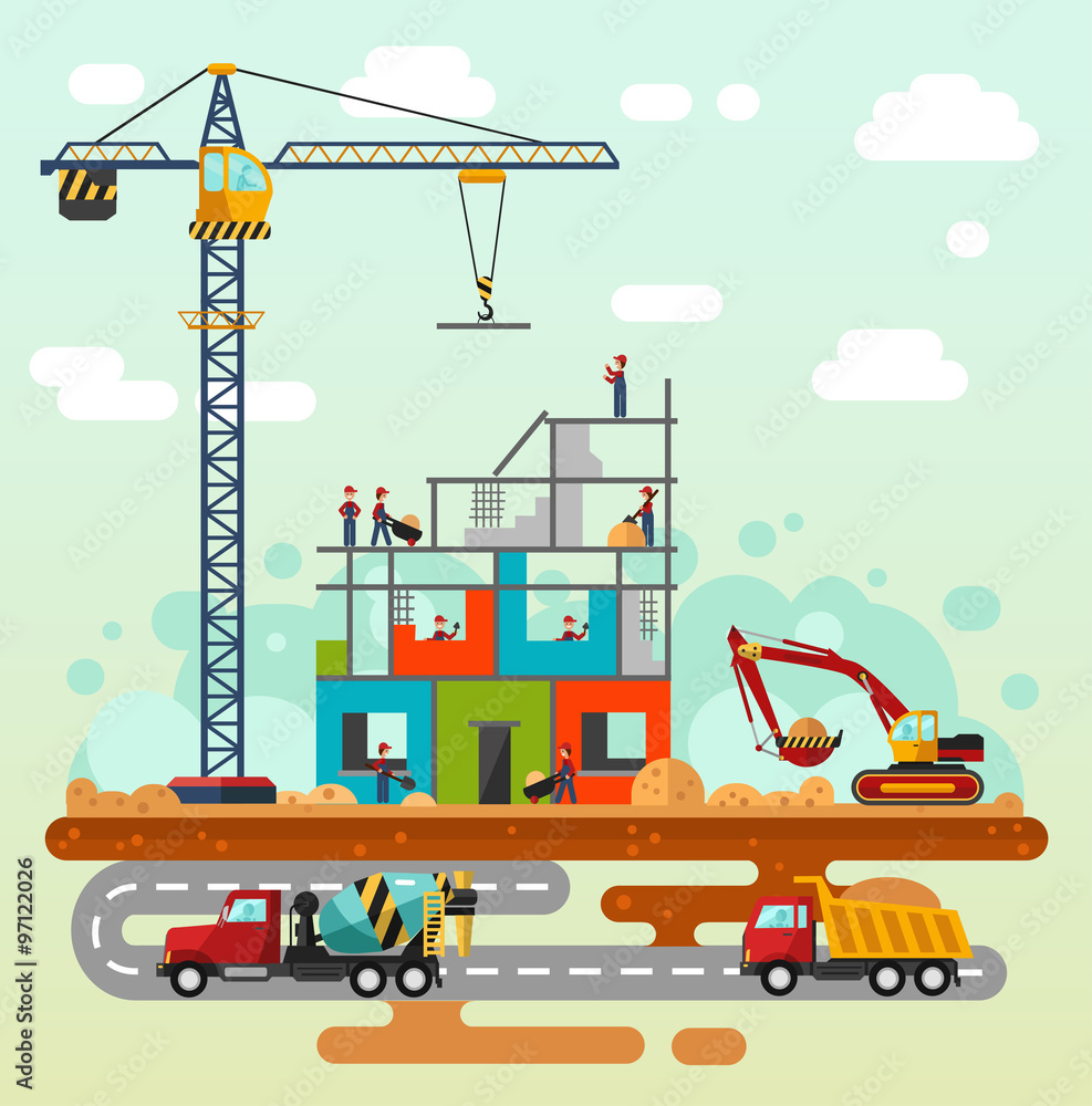 Naklejka premium Vector flat style illustration of construction process. Including crane and bulldozer or excavator, sand and cement, concrete mixer, truck on the road, builders and workers.