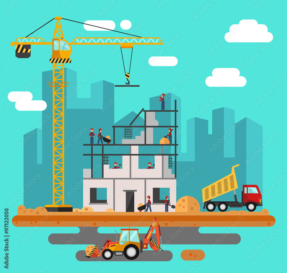 Vector flat style illustration of construction process, city landscape. Including crane and bulldozer or excavator, sand and cement, truck, builders and workers.
