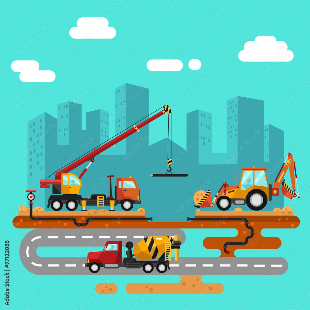 Vector flat style illustration of construction process, city landscape. Truck crane and bulldozer or excavator laying of the pipes. Including sand and cement, concrete mixer, pipelines.