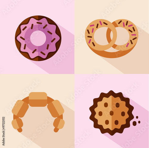Vector flat style icons set of dessert. Croissant, donut with glaze and decorative sprinkles, pretzel and chocolate cookie.