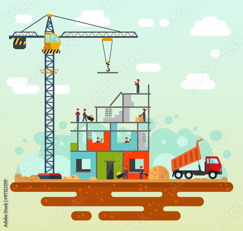 Vector flat style illustration of construction process, city landscape. Including crane, sand and cement, unloading truck with sand , builders and workers.