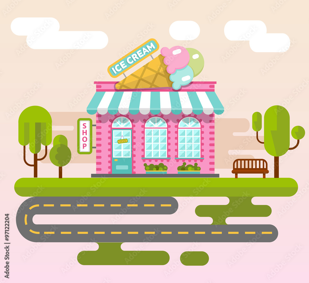 Vector flat style illustration of City landscape with ice cream shop building, street with road, bench and trees. Signboard with big ice cream cone. Vector flat style illustration of City landscape with ice cream shop building, street with road, bench and trees. Signboard with big ice cream cone.