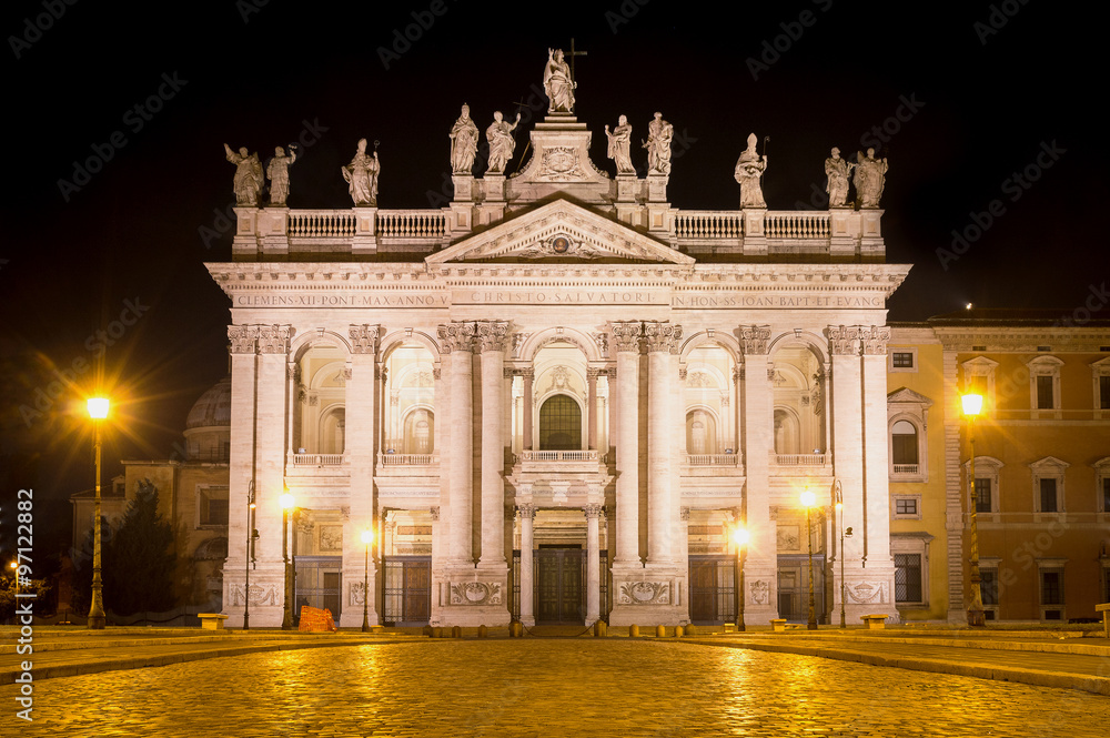 The papal basilica of St John in the Lateran, Rome, at night