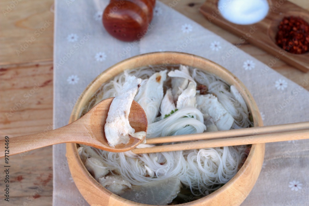 Fototapeta premium Chicken noodle and soup in bowl delicious.
