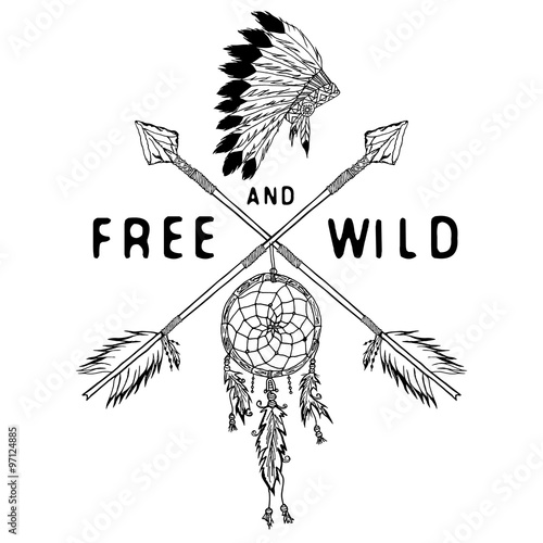 Dream catcher and crossed arrows, tribal legend in Indian style with traditional headgeer. dreamcatcher with bird feathers and beads. Vector vintage illustration, Letters Free and Wild. isolated