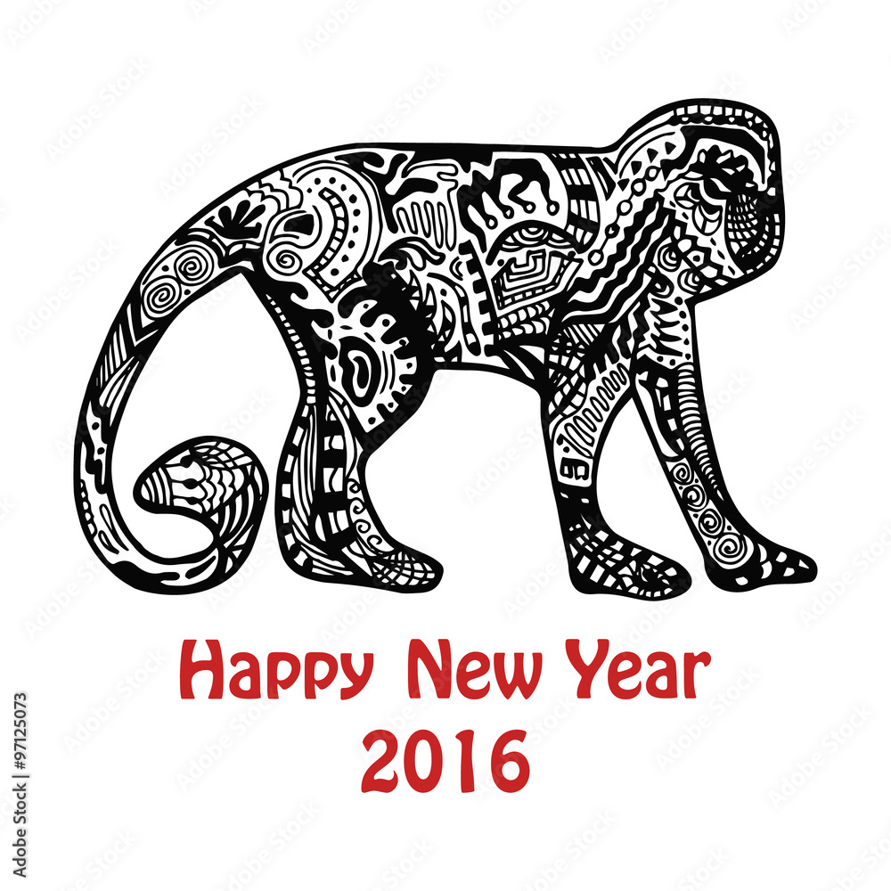 Fototapeta premium New Year card with hand-drawn monkey
