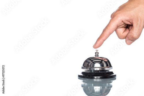 Service bell with human hand on white background,  customer dema photo