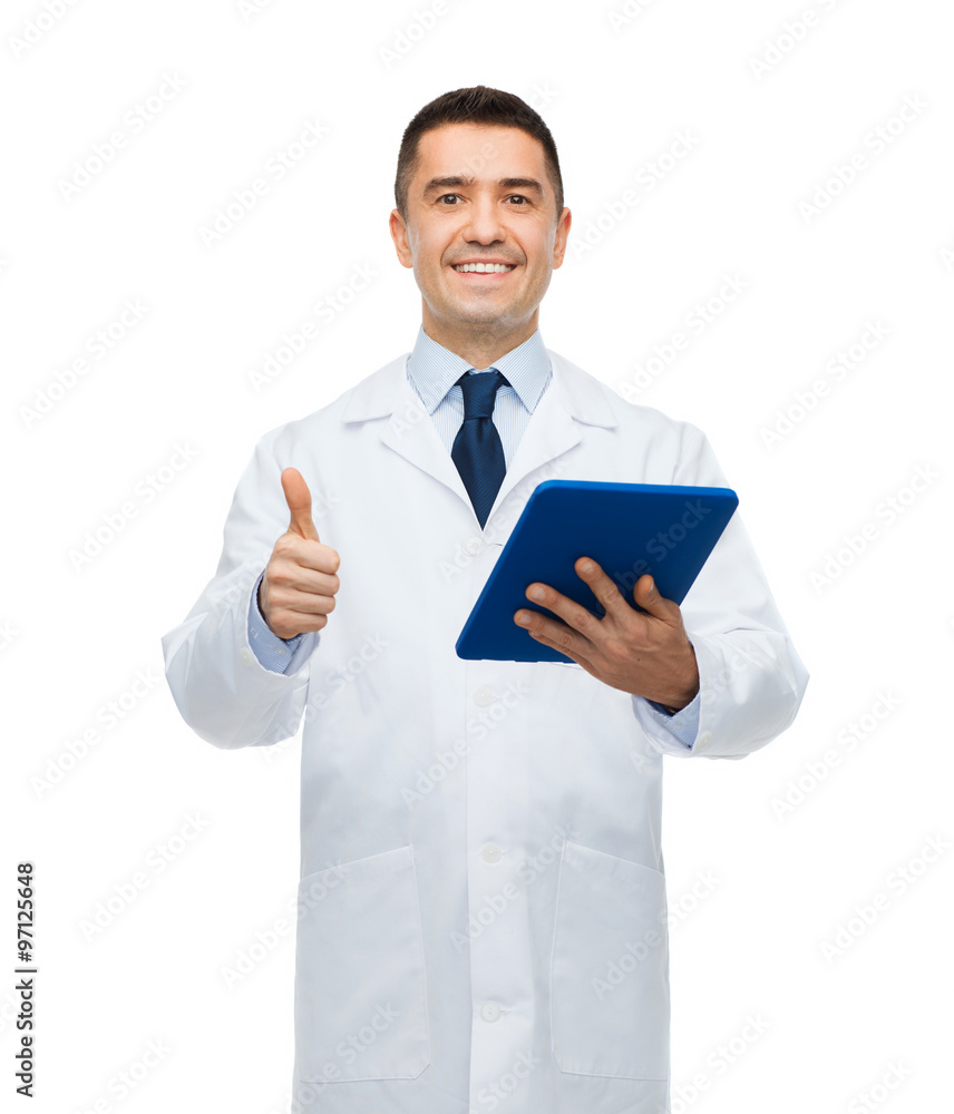 smiling male doctor in white coat with tablet pc smiling male doctor in white coat with tablet pc