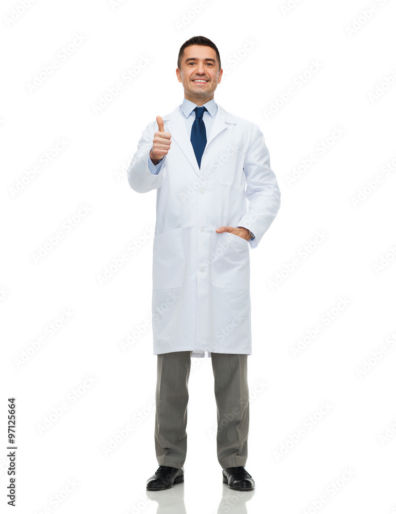 smiling doctor in white coat showing thumbs up smiling doctor in white coat showing thumbs up