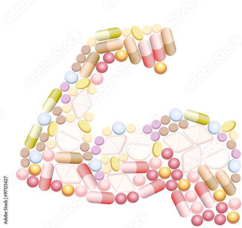 Doping - anabolic drugs, pills and capsules, that shape the biceps of a muscular arm. Illustration on white background.