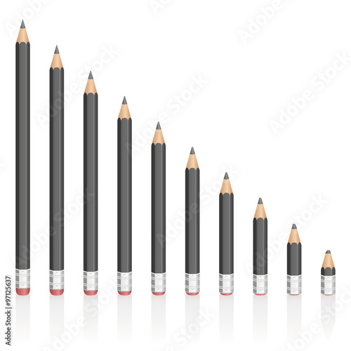 Graphite pencils getting shorter - symbolic for contraction, reduction, decrease, loss. Isolated vector illustration on white background.
