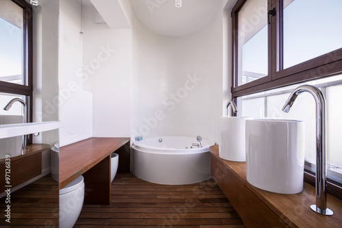 White and brown bathroom design