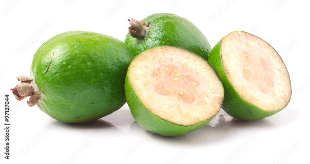 Tropical fruit feijoa Acca sellowiana isolated on white background Tropical fruit feijoa Acca sellowiana isolated on white background