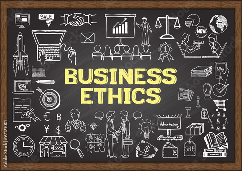 Business doodles about business ethics on chalkboard.