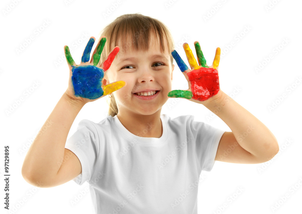 Little girl with hands in paint, isolated on white Little girl with hands in paint, isolated on white