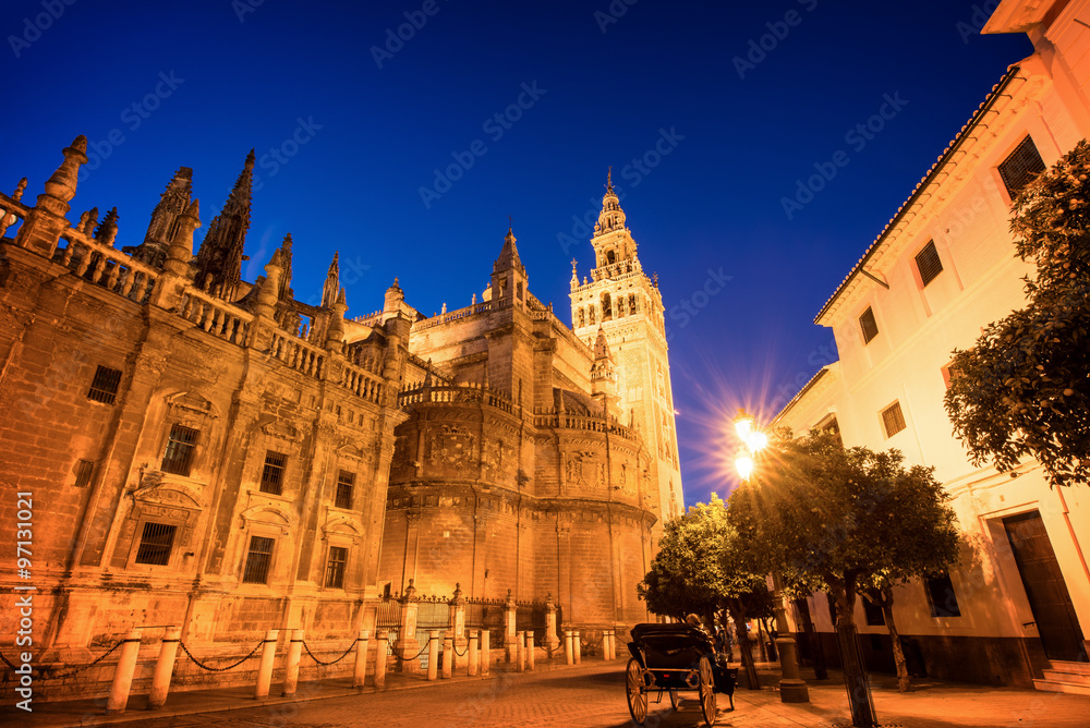 The cathedral of Seville and la Giralda by night, Andalusia, Spain