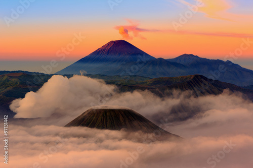 Mt.Bromo,Mt.Semeru,Mt.Batok covered with fog and sulfur gas.These are some of the active volcanoes In East Java,Indonesia